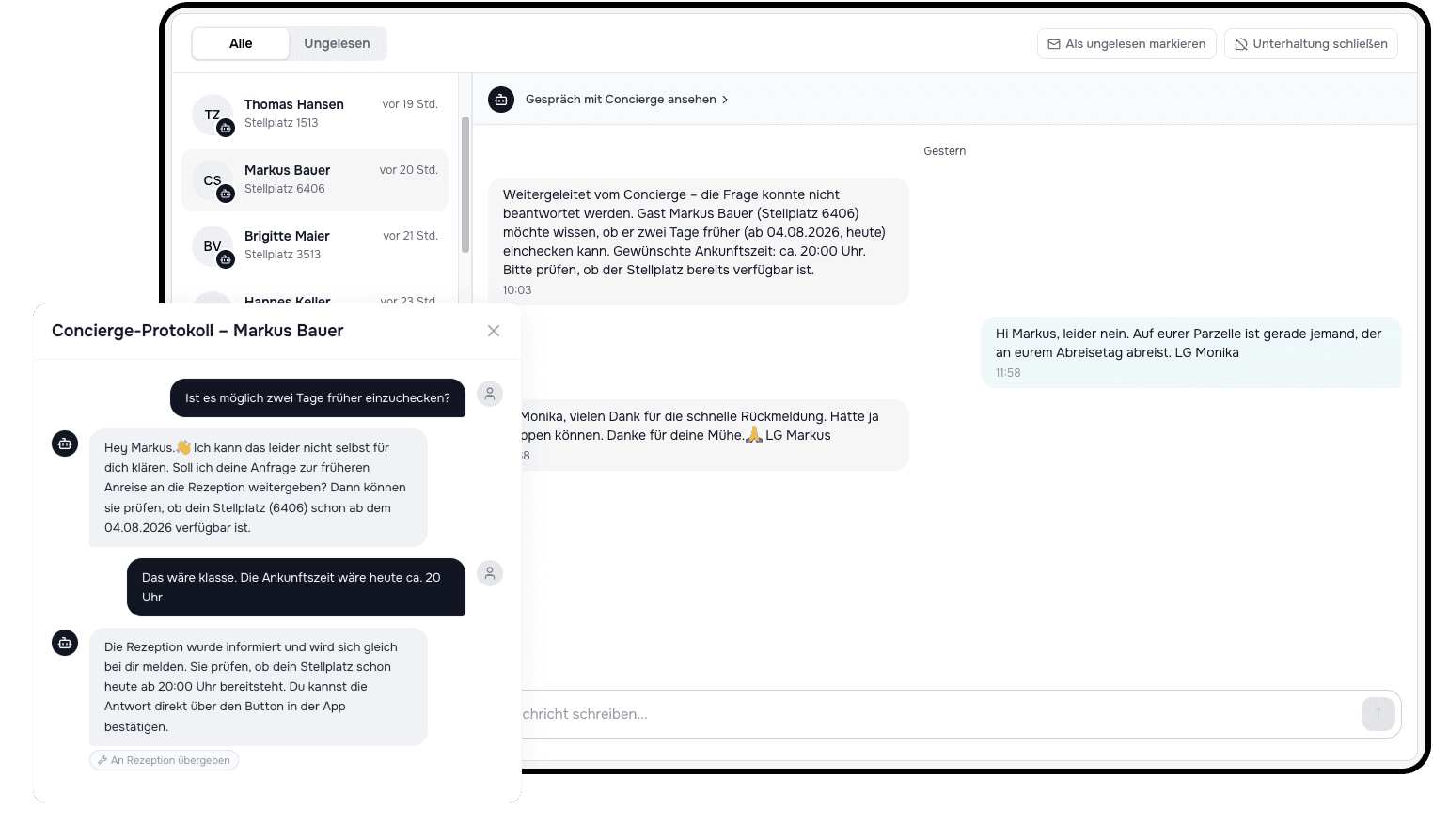 Übergabe des KI-Concierge an die Rezeption im conlo-Dashboard