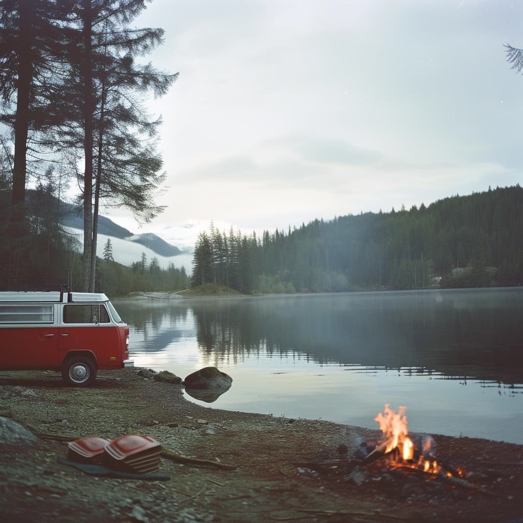 VW Camper in norwegischer Landschaft mit See und Gebirge